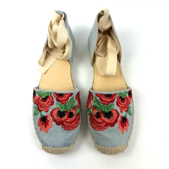Jessica Simpson Espadrille Shoes 8.5 Ankle Tie Flats Embroidered Floral Boho New