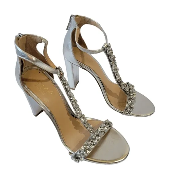 Jewel Badgley Mischka Silver Embellsihed Ankle Strap Formal Shoes Sz 7 Wedding
