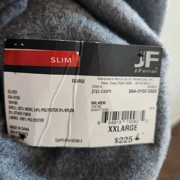 J.Ferrar men's 2XL plus size wool double breasted coat grey high neck vest