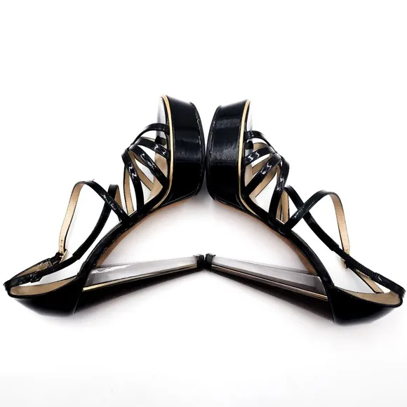 JIMMY CHOO Platform Patent Leather Strappy Lucite Wooden High-Heel Shoes EU 37