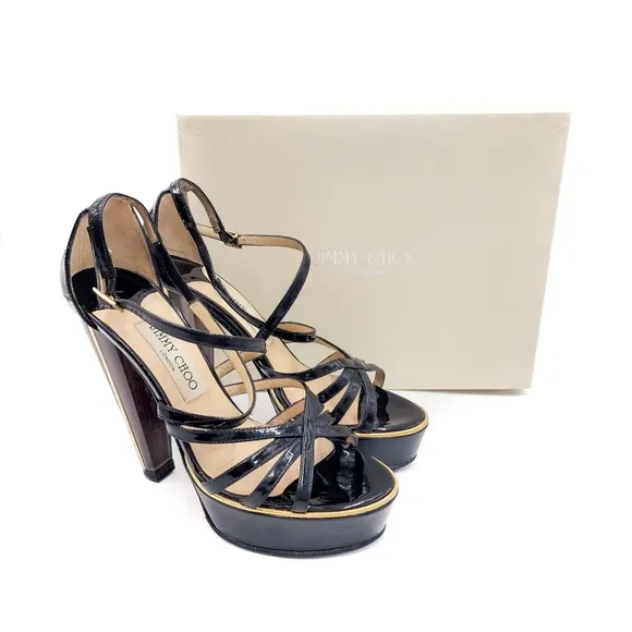 JIMMY CHOO Platform Patent Leather Strappy Lucite Wooden High-Heel Shoes EU 37