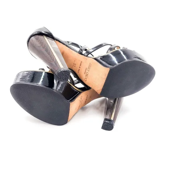 JIMMY CHOO Platform Patent Leather Strappy Lucite Wooden High-Heel Shoes EU 37