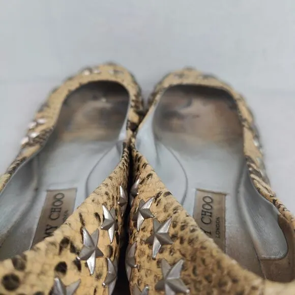 Jimmy Choo Snakeskin Leather Ballet Flats Womens 39 9 Yellow Star Studded Shoes