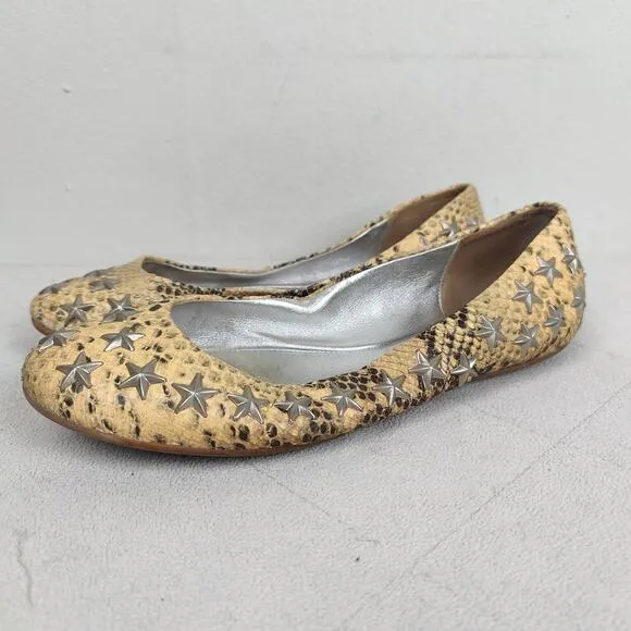Jimmy Choo Snakeskin Leather Ballet Flats Womens 39 9 Yellow Star Studded Shoes