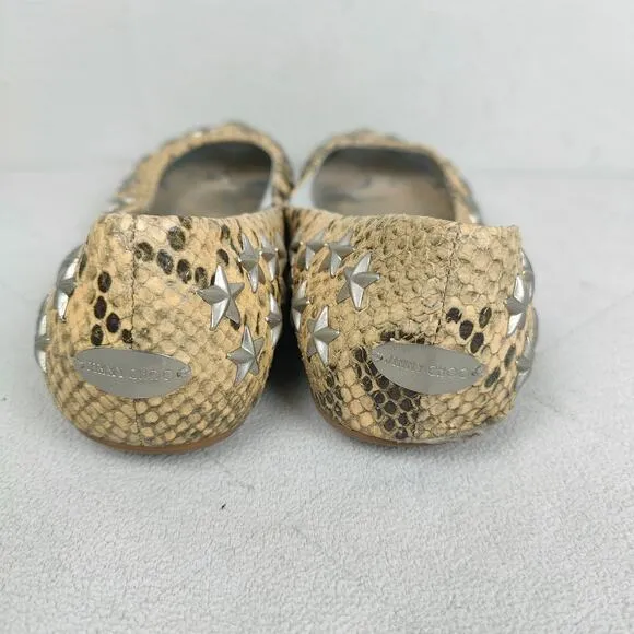 Jimmy Choo Snakeskin Leather Ballet Flats Womens 39 9 Yellow Star Studded Shoes
