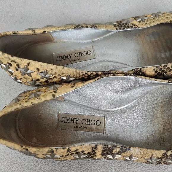 Jimmy Choo Snakeskin Leather Ballet Flats Womens 39 9 Yellow Star Studded Shoes