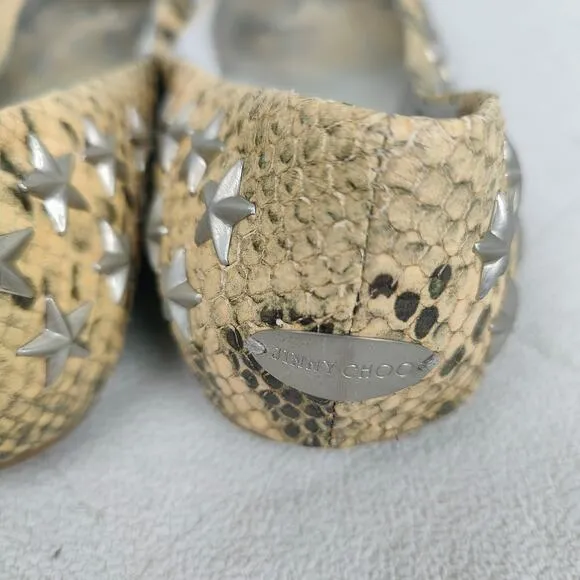 Jimmy Choo Snakeskin Leather Ballet Flats Womens 39 9 Yellow Star Studded Shoes