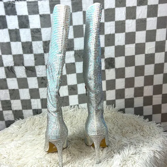 JLO Swarovski rhinestone Knee High Boots Winter White aurora borealis