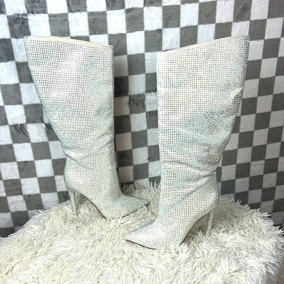 JLO Swarovski rhinestone Knee High Boots Winter White aurora borealis