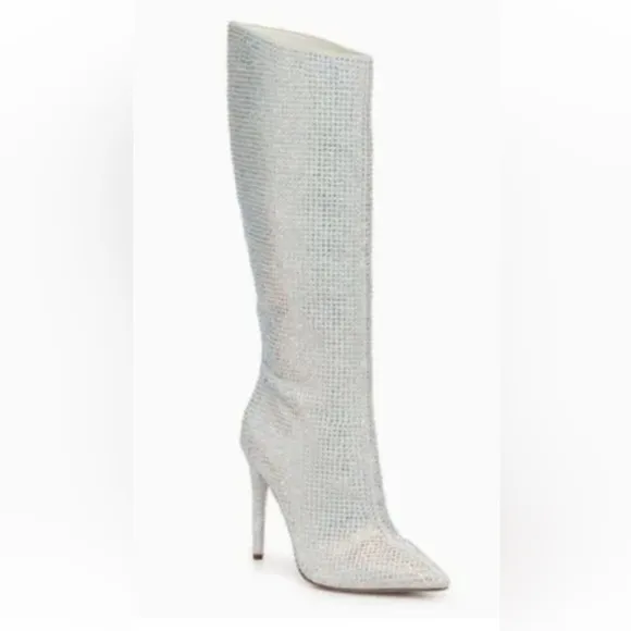 JLO Swarovski rhinestone Knee High Boots Winter White aurora borealis