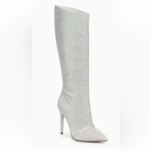 JLO Swarovski rhinestone Knee High Boots Winter White aurora borealis