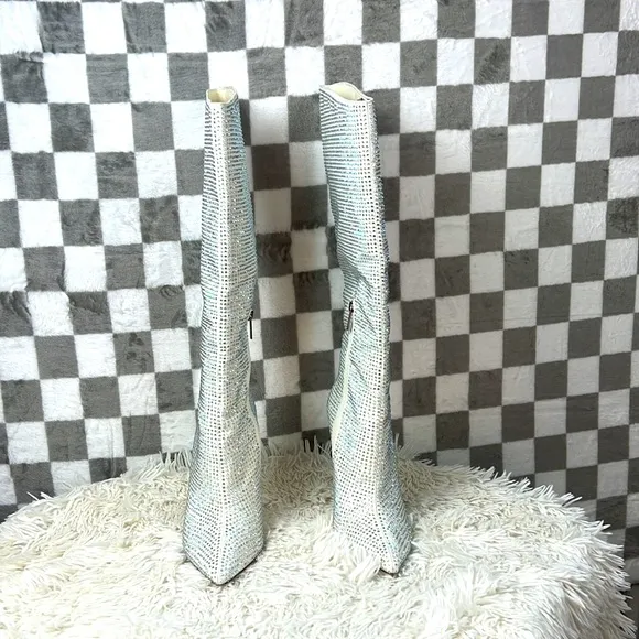 JLO Swarovski rhinestone Knee High Boots Winter White aurora borealis