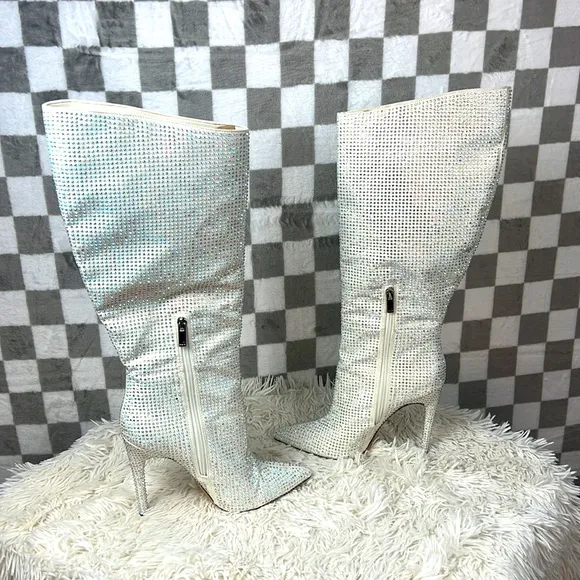 JLO Swarovski rhinestone Knee High Boots Winter White aurora borealis