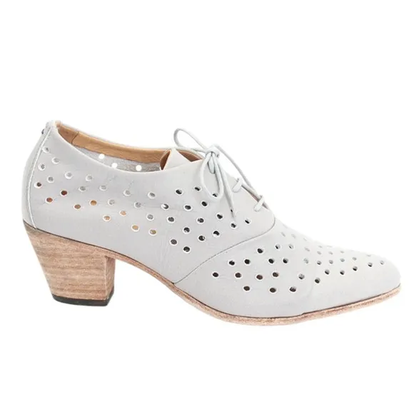 John Fluevog Audrey Ice Gray Stacked Heel Perforated Lace Up Shoes Size 8.5