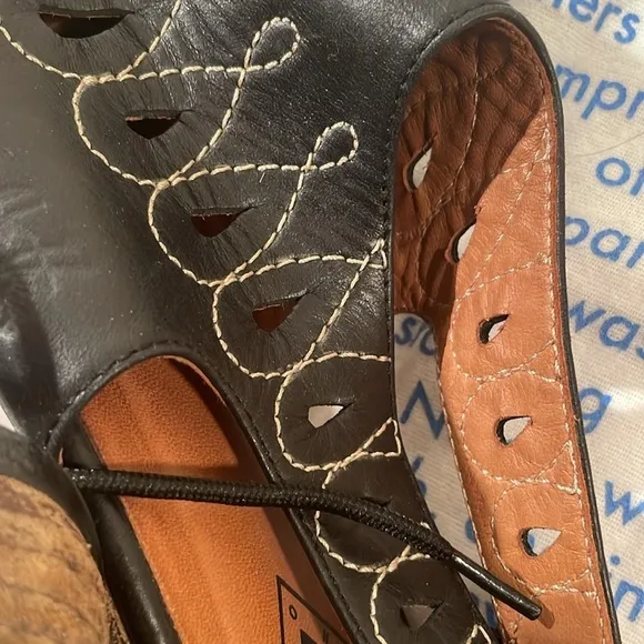 John Fluevog Aurora Black Cream Stitch Perforated Slingback Kitten Heel Shoes