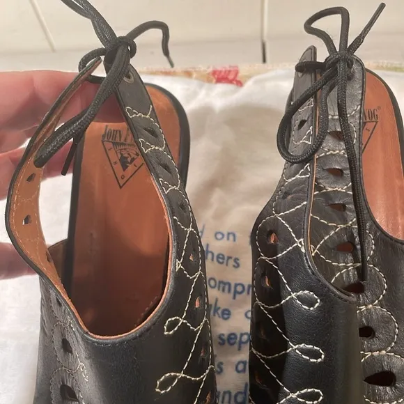 John Fluevog Aurora Black Cream Stitch Perforated Slingback Kitten Heel Shoes
