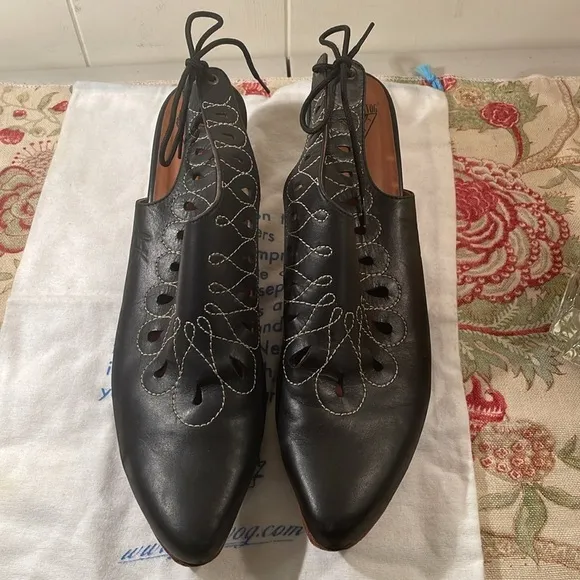 John Fluevog Aurora Black Cream Stitch Perforated Slingback Kitten Heel Shoes