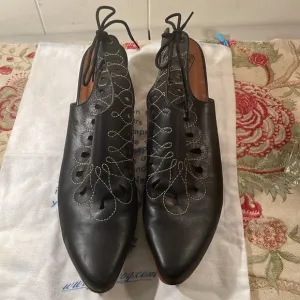 John Fluevog Aurora Black Cream Stitch Perforated Slingback Kitten Heel Shoes