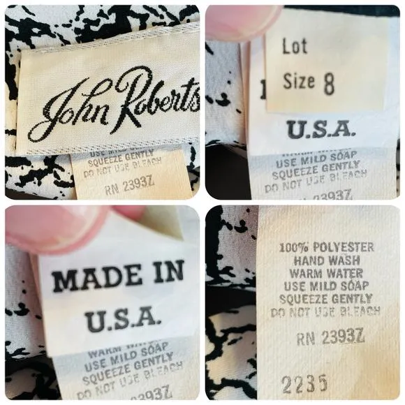 John Roberts Vintage 80s Black White Short Sleeve Drop Waist Dress Women Sz 8