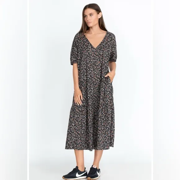 JOHNNY WAS CALME FLORAL TIERED V NECK DRESS LARGE A5