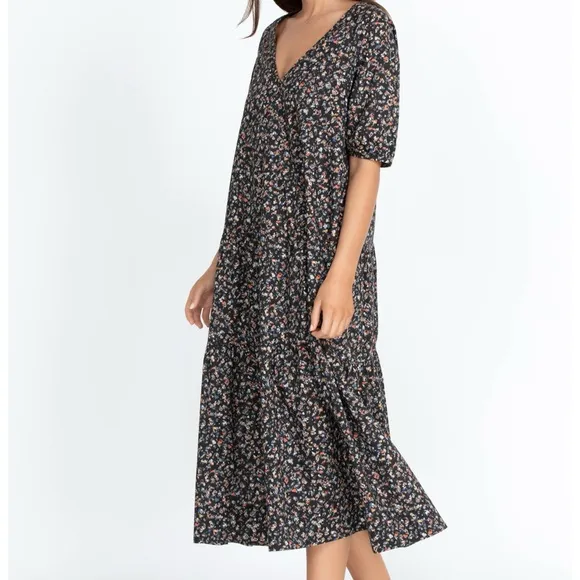 JOHNNY WAS CALME FLORAL TIERED V NECK DRESS LARGE A5
