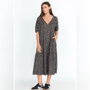 JOHNNY WAS CALME FLORAL TIERED V NECK DRESS LARGE A5