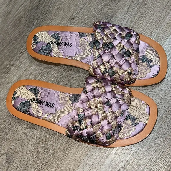 Johnny Was Crane Woven Slide Sandal Silk Leather Gold Lurex Flats US 7 37