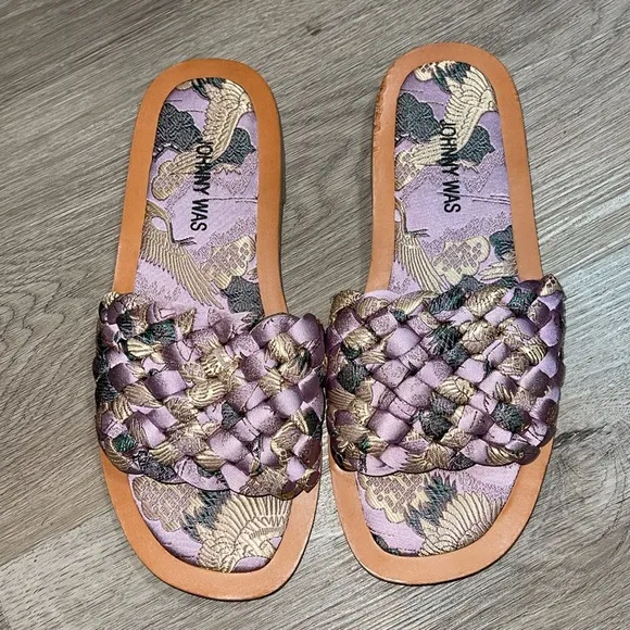 Johnny Was Crane Woven Slide Sandal Silk Leather Gold Lurex Flats US 7 37