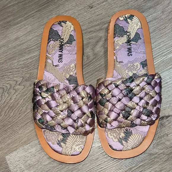 Johnny Was Crane Woven Slide Sandal Silk Leather Gold Lurex Flats US 7 37