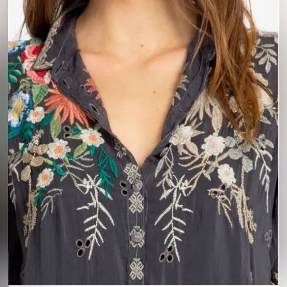 JOHNNY WAS Rare Azzy Size LG Floral Embroidered Long Tunic Dress- oversized fit