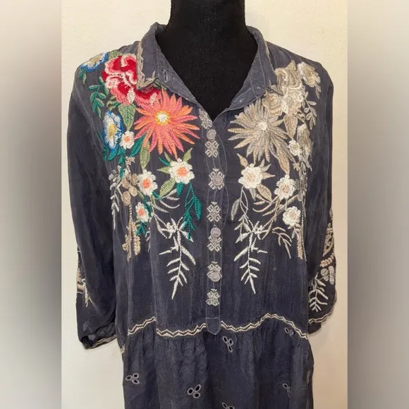 JOHNNY WAS Rare Azzy Size LG Floral Embroidered Long Tunic Dress- oversized fit