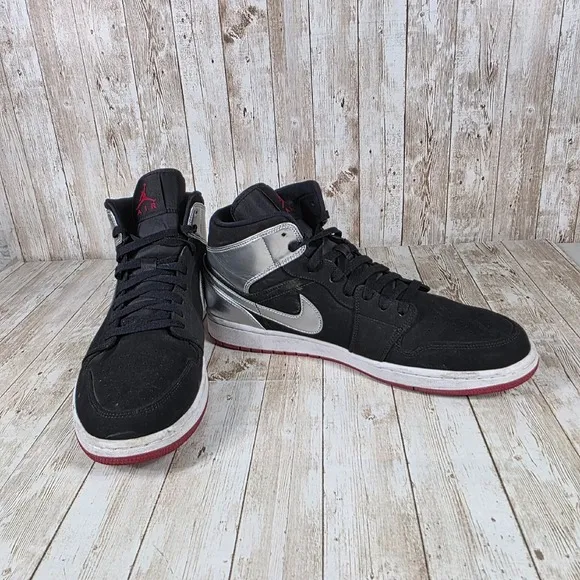 Jordan 1 Mid Basketball Shoes Black Silver Red Trim Sneakers Size 13‎