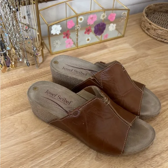Josef Seibel Meike Brown Leather Wedge Sandals Size 41 Casual Comfort Designer
