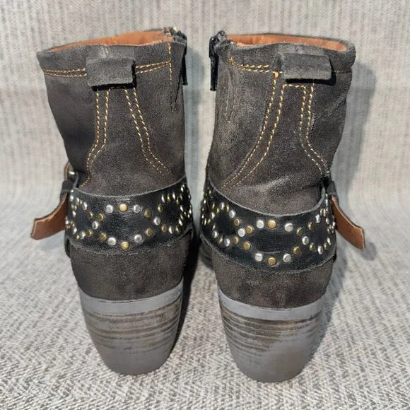 Josef Seibel Toni sz 8 Dk Brown/gray Suede Leather Ankle Boots Studded Buckle