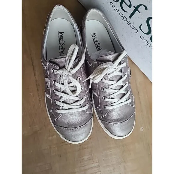 Josef Seibel Womens Caspian Leather Sneakers Shoes Platinum Metallic EU 36 NEW