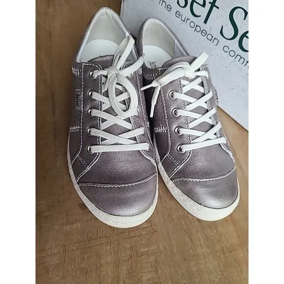 Josef Seibel Womens Caspian Leather Sneakers Shoes Platinum Metallic EU 36 NEW