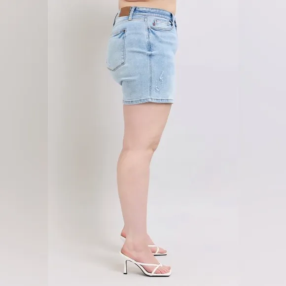 Judy Blue Mid Rise Washed Denim Shorts Plus Size Women's Light Blue Denim Shorts