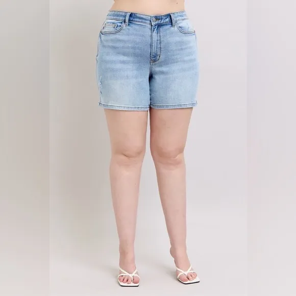 Judy Blue Mid Rise Washed Denim Shorts Plus Size Women's Light Blue Denim Shorts