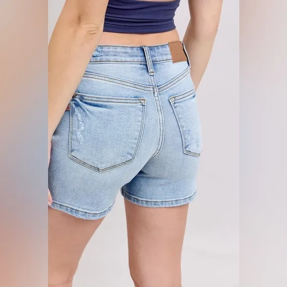 Judy Blue Mid Rise Washed Denim Shorts Plus Size Women's Light Blue Denim Shorts
