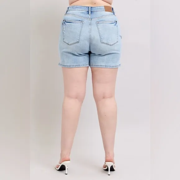Judy Blue Mid Rise Washed Denim Shorts Plus Size Women's Light Blue Denim Shorts