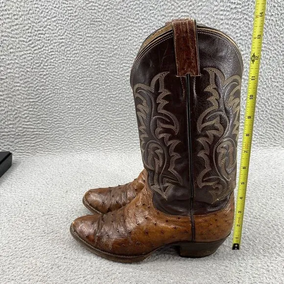 Justin Boots Men's 7.5/8 Tan Brown Cowboy‎ Ostrich Shoes Western Cuban Heel USA