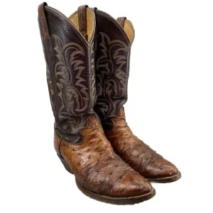 Justin Boots Men's 7.5/8 Tan Brown Cowboy‎ Ostrich Shoes Western Cuban Heel USA