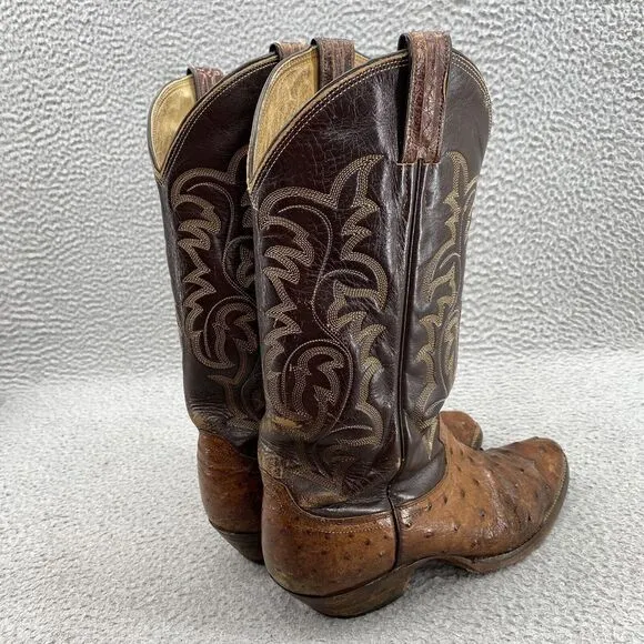 Justin Boots Men's 7.5/8 Tan Brown Cowboy‎ Ostrich Shoes Western Cuban Heel USA