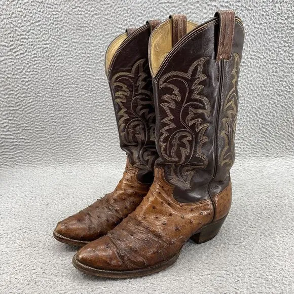 Justin Boots Men's 7.5/8 Tan Brown Cowboy‎ Ostrich Shoes Western Cuban Heel USA