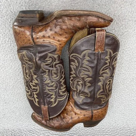 Justin Boots Men's 7.5/8 Tan Brown Cowboy‎ Ostrich Shoes Western Cuban Heel USA