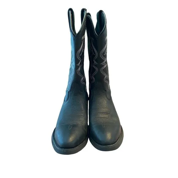 Justin Boots Western Buck Pull-On Cowboy Boots Round Toe Black Leather Mens 9.5