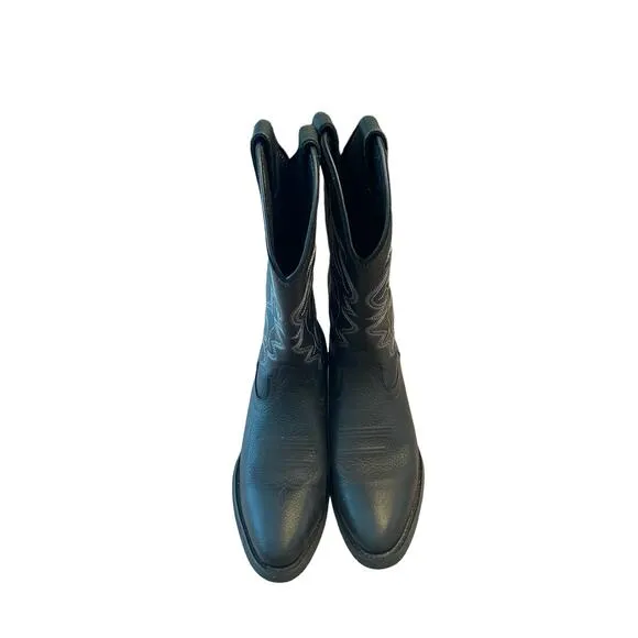Justin Boots Western Buck Pull-On Cowboy Boots Round Toe Black Leather Mens 9.5