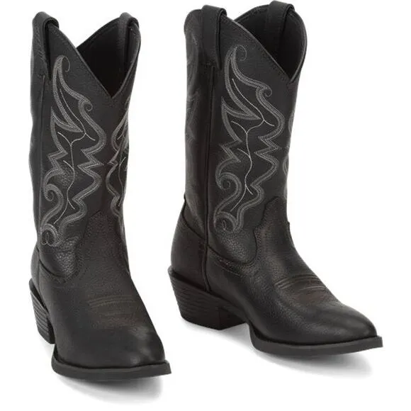Justin Boots Western Buck Pull-On Cowboy Boots Round Toe Black Leather Mens 9.5