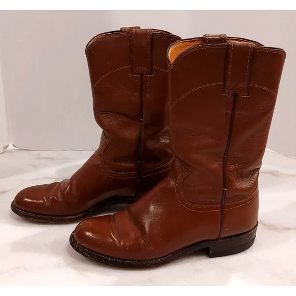 Justin Ropers Womens Sz 4.5 C Round Toe Brown Leather Western Cowboy Boots L3802