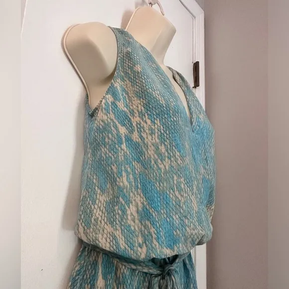 Karina Grimaldi Blue Snake Print Silk Mini Dress Belted 100% Silk Size XS